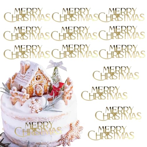 12 Stück Weihnachts-Kuchenaufsätze, Acryl, Spiegel, graviert, Merry Christmas, Seitenkuchendekorationen für Winter, Weihnachten, Urlaub, Party, Dessert, DIY-Dekorzubehör (12, goldfarben) von Furimuk