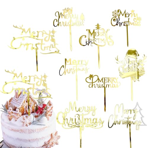 9 Stück Merry Christmas Kuchendekoration für Winter-Weihnachtsfeier, Acryl-Spiegel, Gold, Cupcake-Topper, Picks, Kuchenaufsatz für Weihnachten, Urlaub, Kuchen, Desserts, Dekorzubehör von Furimuk