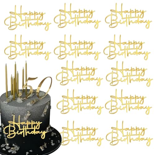 Cupcake-Topper "Happy Birthday", goldfarben, verspiegelt, Acryl, Cupcake-Topper für Geburtstagsparty, 12 Stück von Furimuk