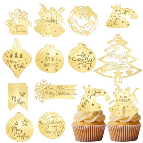 Cupcake-Topper aus Acryl, minimalistische goldene Kuchendekoration, Spiegelscheibe, graviert, Frohe Weihnachten für den Winter, Weihnachtsdekoration, 24 Stück von Furimuk