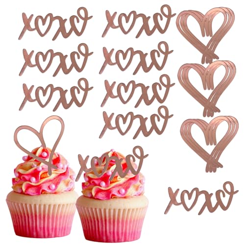 Cupcake-Topper in Herzform, Acryl, Kuchendekoration für Valentinstag, Verlobung, Geburtstag, Kuchendekoration, 18 Stück (Roségold) von Furimuk
