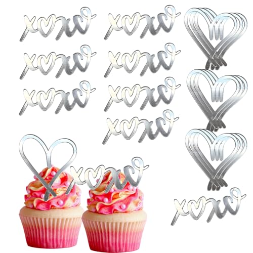 Cupcake-Topper in Herzform, Acryl, für Valentinstag, Verlobung, Geburtstag, Kuchendekoration, silberfarben, 18 Stück Cupcake-Topper in Herzform, Acryl, für Valentinstag, Verlobung, Geburtstag, Kuchendekoration, silberfarben, 18 Stück von Furimuk
