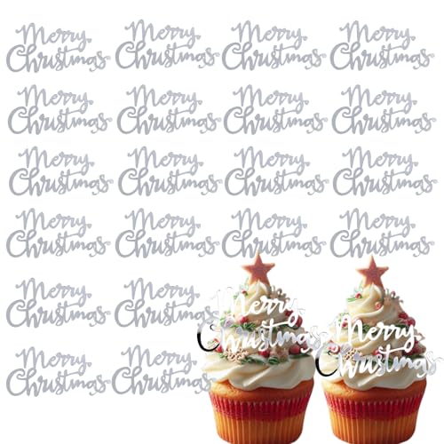 Cupcake-Topper mit Aufschrift "Merry Christmas", Acryl, minimalistische Kuchendekorationen für Weihnachten, Feiertage, Geburtstag, Partyzubehör (20 Stück, Silber), 20 Stück von Furimuk