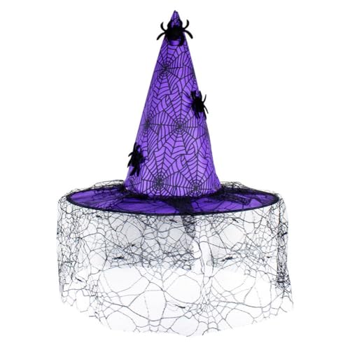Halloween Hexenhut für Frauen, Lila Spinne Turm Spitze Schleier Hängende Zauberer Hut für Halloween Party Cosplay Kostüm Zubehör Halloween Hexenhut für Frauen, Lila Spinne Turm Spitze Schleier Hängende Zauberer Hut für Halloween Party Cosplay Kostüm Zubehör von Furimuk