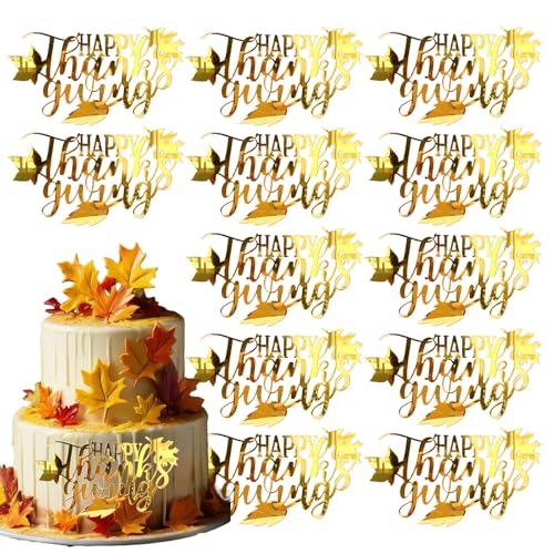 Kuchendekoration mit Herbstblattmotiv, "Happy Thanksgiving", goldfarbene Seite, Kuchendekoration für Herbst, Erntedankfest, Party, Kuchen, Dessert, Dekoration, Zubehör (C12), 12 Stück von Furimuk