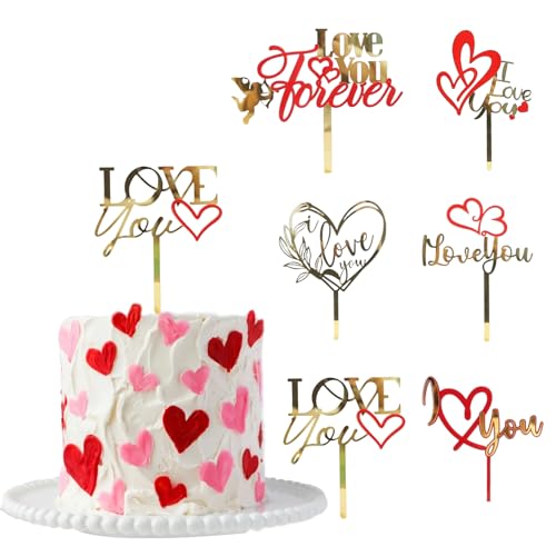Tortenaufsatz, Herzform, Kuchendekoration für Valentinstag, Hochzeit, Muttertag, Acryl, Gold, Cupcake-Topper, Picks, Liebesbrief, Kuchenaufsatz für Party, Kuchen, Desserts, Dekoration, Zubehör, 6 von Furimuk