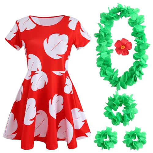 Furutonhe Hawaii-Kostüm für Damen, Kleid mit Blumen-Haarspange, Luau Leis Zubehör, Cosplay-Outfit, Rot/Ausflug, einfarbig (Getaway Solids), Medium von Furutonhe