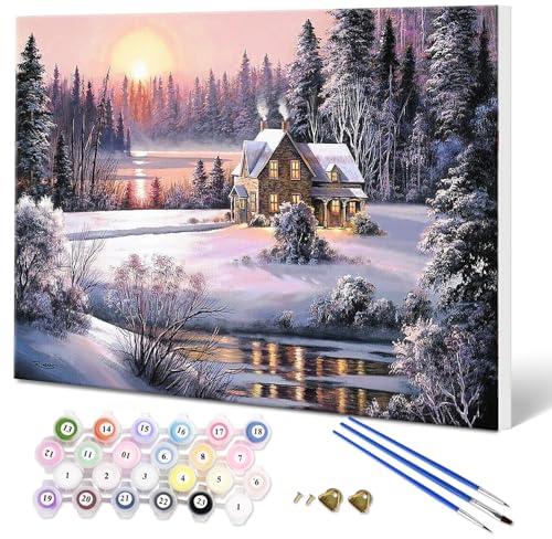 Fuumuui Malen Nach Zahlen Erwachsene und Kinder Anfänger Gemälde mit Rahmen inklusive Pinsel und Acrylfarben 40 x 50 cm - Landschaft, Winter Sonnenaufgang von Fuumuui