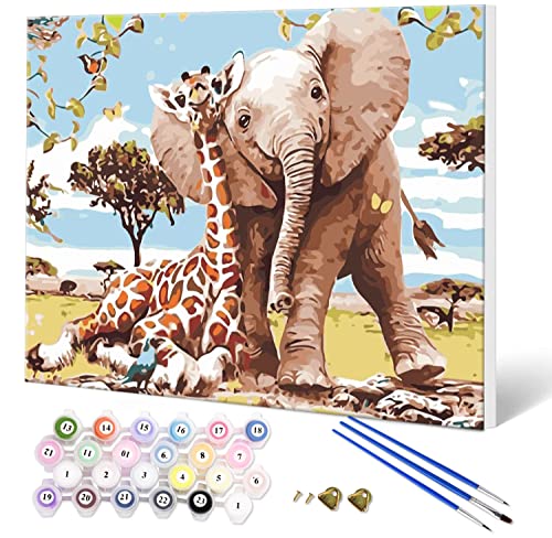 Fuumuui Malen Nach Zahlen Erwachsene und Kinder Anfänger Gemälde mit Rahmen inklusive Pinsel und Acrylfarben 40 x 50 cm - Tiere, Elefant und Giraffe von Fuumuui