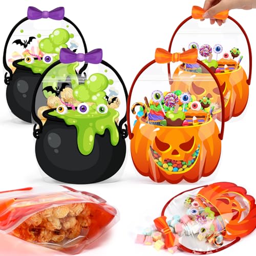Fuutreo Halloween-Geschenktüten mit Griffen, transparent, versiegelt, mit Griffen, wiederverschließbar, gruselig, Kunststoff, Geschenktüten für Süßes oder Saures, Urlaub, Party, Geschenk, Dekoration von Fuutreo