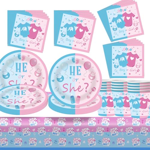 Fuwraixis Gender reveal Partygeschirr, 61 Stück Boy or Girl Party Dekorationen, Kindergeburtstag Pappteller Set, Geschlecht Enthüllung Papier Tassen Servietten und Tischdecken, Für 20 Personen Fuwraixis Gender reveal Partygeschirr, 61 Stück Boy or Girl Party Dekorationen, Kindergeburtstag Pappteller Set, Geschlecht Enthüllung Papier Tassen Servietten und Tischdecken, Für 20 Personen von Fuwraixis