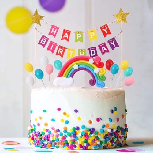 Fuyamp Rainbow Cake Topper, Tortendeko Geburtstag für Kinder Geburtstag Baby Shower, Einschließlich Regenbogen, "Happy Birthday" Kuchenaufsatz Banner, 12 Regenbogen Cupcake Ballons von Fuyamp
