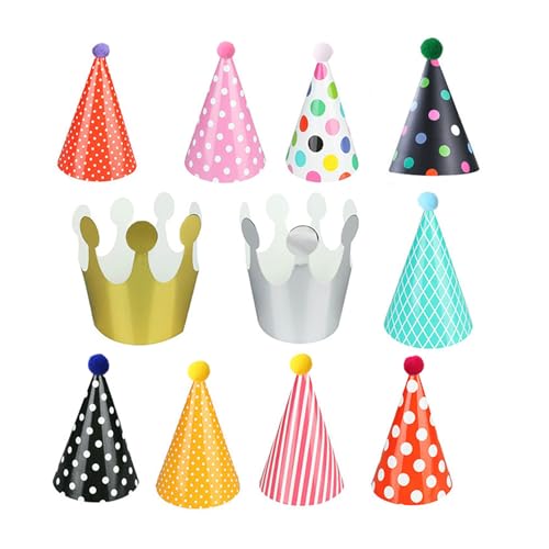 11 Stück Partyhüte Geburtstag Set,Kindergeburtstags Partyhüte,Geburtstag Kegel Party Hüte,Party Hüte zum Geburtstag mit Pompons,Für Familienfeiern Für Kinder Und Erwachsene von FuzlPnag