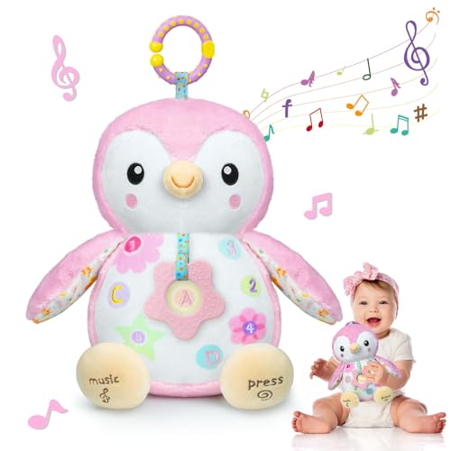 Fuzqq Babyspielzeug 0-6 Monate,Musikalisches Stofftier Plüschtier,Texturierter Hängering,Rassel & Knitterpapier,Bauchzeitspielzeug für 0-6-12 Monate Junge/Mädchen,Pinguin von Fuzqq