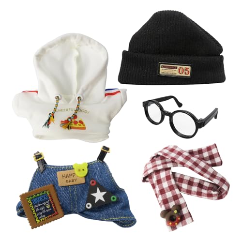 HANDGEFERTIGTES 5-teiliges Puppen-Outfit Set für 15cm/17cm Puppen – Winterstyle mit Kapuzenpullover, Latzhose, Mütze, Karoschal & Sonnenbrille​ von Fwioaor