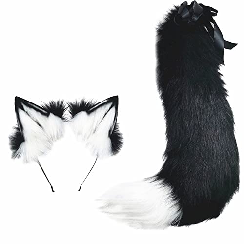 Fxaelian Animal Big Tail Fuchs Katze Hund Wolf Schwanz und Ohren Stirnband Cosplay Kostüm Zubehör, H - Schwarz, 90 von Fxaelian