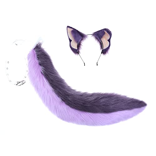 Fxaelian Tier Big Tail Fuchs Katze Hund Wolf Schwanz und Ohren Stirnband Cosplay Kostüm Zubehör, J - Lila, 90 von Fxaelian