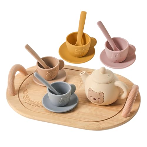 FxaumsGxuk Teeservice Kinder Teeparty Set Kinder Tee Set Teeset Kinderspielzeug ,Mit Silikon Teekannes Tassen Messlöffel - Feinmotorik Lernspielzeug Für 3-6 Jahre Mädchen von FxaumsGxuk