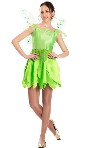 Tinkerbell Kostüm grüne Elfe mit Flügeln für Damen Gr. S-XL Kleid grün Fasching Karneval Märchen-Kostüm Fee (M/L) von Fyasa