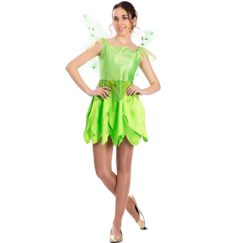 Tinkerbell Kostüm grüne Elfe mit Flügeln für Damen Gr. S-XL Kleid grün Fasching Karneval Märchen-Kostüm Fee (S) von Fyasa