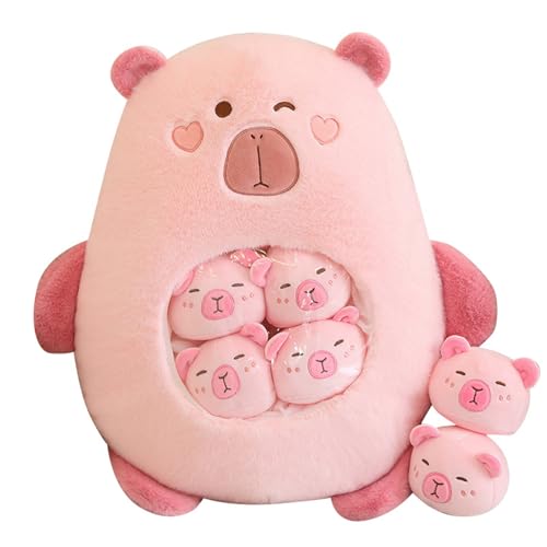 Fycakly Capybara-Spielzeug mit 6 herausnehmbaren Mini-Capybaras im Snack-Kissen, entzückendes Capybara-Kissen, braun, Kuscheltiere und Spielzeug ​​ Plüschtier Dinosaurier Dino​​ (A, 45cm) von Fycakly
