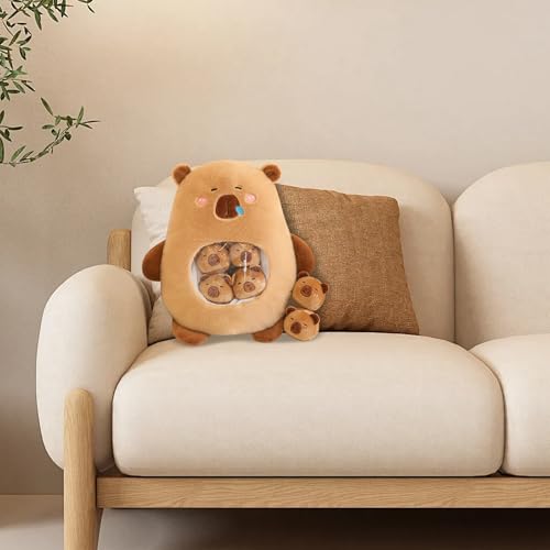 Fycakly Capybara-Spielzeug mit 6 herausnehmbaren Mini-Capybaras im Snack-Kissen, entzückendes Capybara-Kissen, braun, Kuscheltiere und Spielzeug ​​ Plüschtier Dinosaurier Dino​​ (B, 45cm) von Fycakly