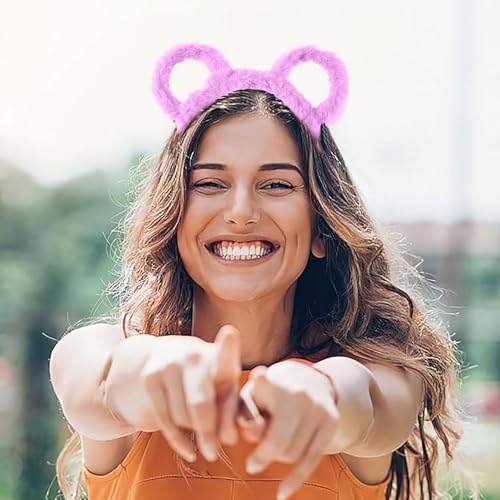 Fycakly Hair Clip Frauen Winter Dick Gefüllte Stirnband Runde Bär Ohren Make-Up Haar Hoop Cartoon Geformt Gefüllte Haar Hoop Kostüm Cosplay Party (Purple, 20X17CM) von Fycakly