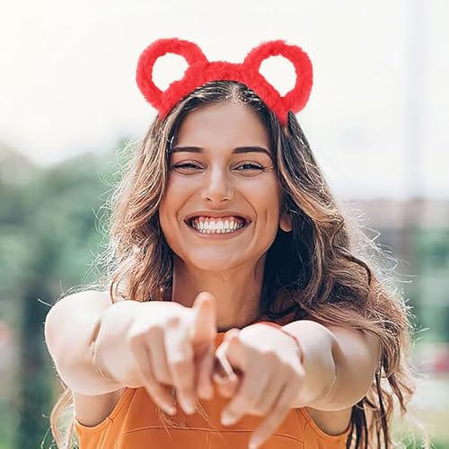 Fycakly Hair Clip Frauen Winter Dick Gefüllte Stirnband Runde Bär Ohren Make-Up Haar Hoop Cartoon Geformt Gefüllte Haar Hoop Kostüm Cosplay Party (Red, 20X17CM) von Fycakly