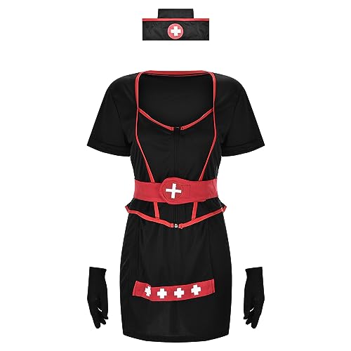 Fycakly Halloween Costume Women Damen Halloween Cosplay Schwarzes Kurzarmkleid von Fycakly