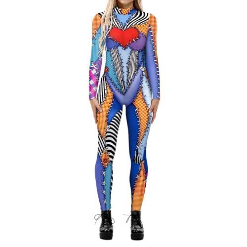 Fycakly Halloween Frauen Kostüm Damen Halloween Cosplay Casual Digital Print Cosplay Kostüm Langärmliger enger Overall von Fycakly