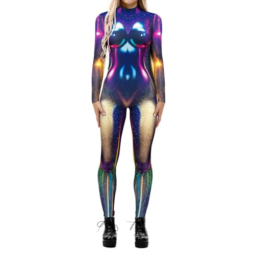 Fycakly Halloween Frauen Kostüm Damen Halloween Cosplay Casual Digital Print Cosplay Kostüm Langärmliger enger Overall von Fycakly