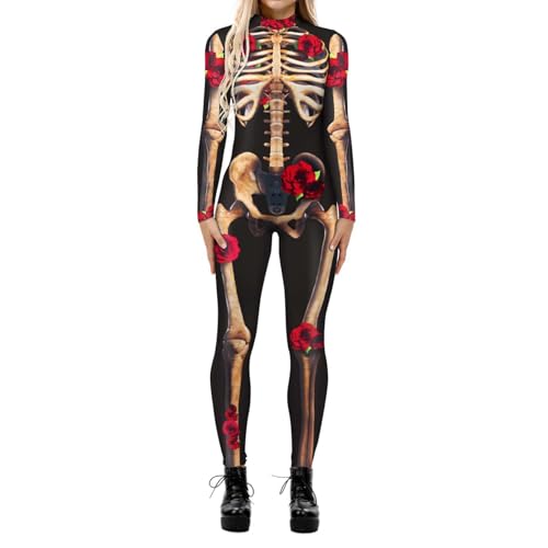 Fycakly Halloween Frauen Kostüm Damen Halloween Cosplay Casual Digital Print Cosplay Kostüm Langärmliger enger Overall von Fycakly
