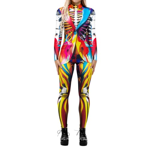 Fycakly Halloween Kleid Damen Halloween Cosplay Casual Digital Print Cosplay Kostüm Langärmliger enger Overall von Fycakly