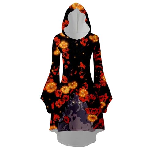 Fycakly Halloween Kostüm Damen Gruselig Damen Halloween Print Kapuzen Cosplay Kleid Langarm Langes Kleid von Fycakly