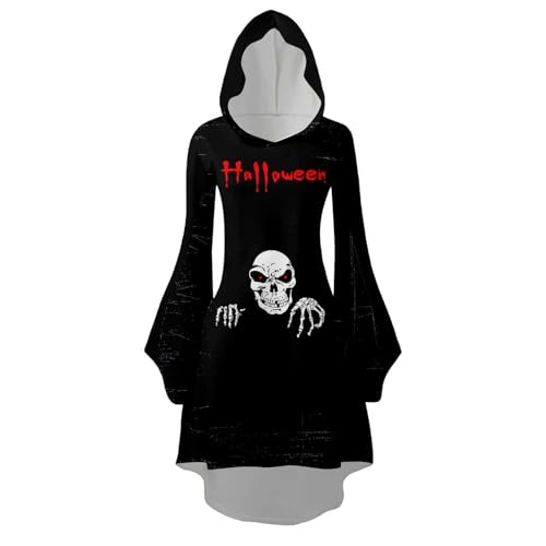 Fycakly Halloween-Kostüm Damen Halloween Print Kapuzen Cosplay Kleid Langarm Langes Kleid von Fycakly