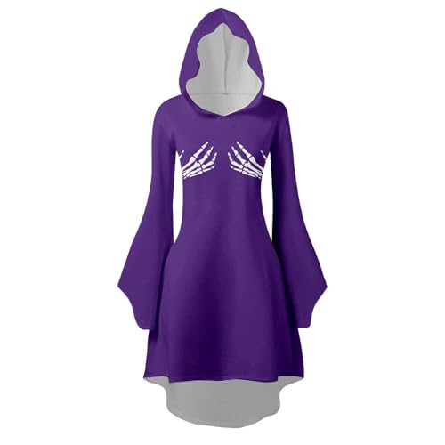 Fycakly Halloween Kostüm Damen Halloween Print Kapuzen Cosplay Kleid Langarm Langes Kleid von Fycakly