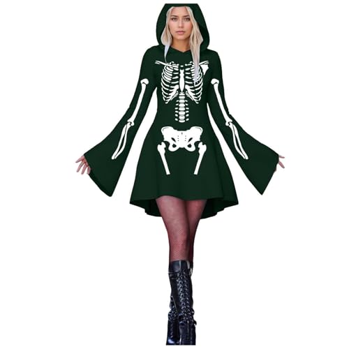 Fycakly Halloween Kostüm Frauen Damen Halloween Print Kapuzen Cosplay Kleid Langarm Langes Kleid von Fycakly