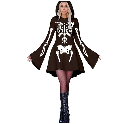 Fycakly Halloween Kostüm Frauen Damen Halloween Print Kapuzen Cosplay Kleid Langarm Langes Kleid von Fycakly