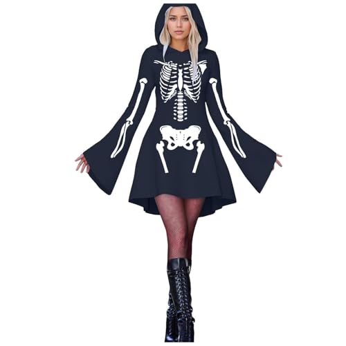 Fycakly Halloween Kostüm Frauen Damen Halloween Print Kapuzen Cosplay Kleid Langarm Langes Kleid von Fycakly