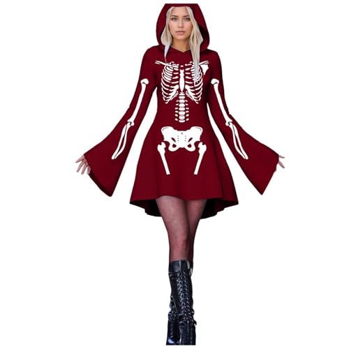 Fycakly Halloween Kostüm Frauen Damen Halloween Print Kapuzen Cosplay Kleid Langarm Langes Kleid Fycakly Halloween Kostüm Frauen Damen Halloween Print Kapuzen Cosplay Kleid Langarm Langes Kleid von Fycakly