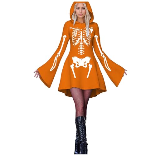 Fycakly Halloween Kostüm Frauen Damen Halloween Print Kapuzen Cosplay Kleid Langarm Langes Kleid von Fycakly