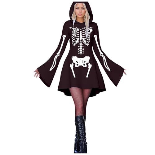 Fycakly Halloween Kostüm Frauen Damen Halloween Print Kapuzen Cosplay Kleid Langarm Langes Kleid Fycakly Halloween Kostüm Frauen Damen Halloween Print Kapuzen Cosplay Kleid Langarm Langes Kleid von Fycakly