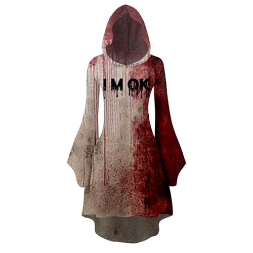 Fycakly Halloween Kostüm Hexe Damen Damen Halloween Print Kapuzen Cosplay Kleid Langarm Langes Kleid von Fycakly
