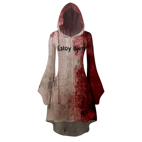 Fycakly Halloween Kostüm Hexe Damen Damen Halloween Print Kapuzen Cosplay Kleid Langarm Langes Kleid von Fycakly