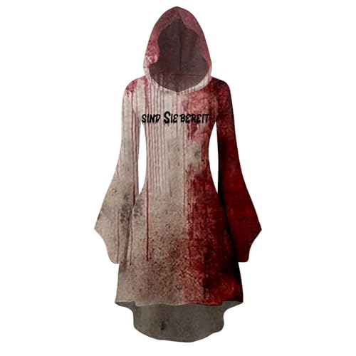 Fycakly Halloween Kostüm Hexe Damen Damen Halloween Print Kapuzen Cosplay Kleid Langarm Langes Kleid von Fycakly