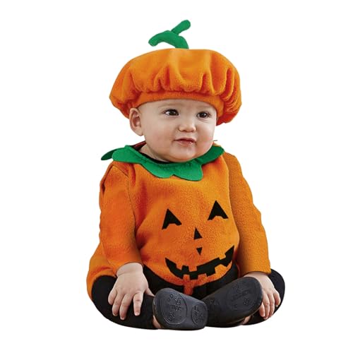 Fycakly Halloween Kostüm Kinder Jungen Kleinkind Baby Mädchen Jungen Halloween Kürbis Weiche Fleece Langarm Tops Sets Hut 2PCS Set Kostüme Cosplay (Orange, 6-12 Months) von Fycakly