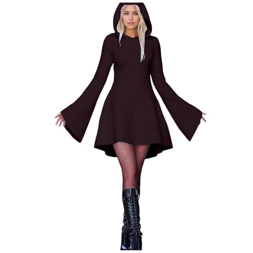 Fycakly Halloween-Kostüme Damen Halloween Print Kapuzen Cosplay Kleid Langarm Langes Kleid von Fycakly
