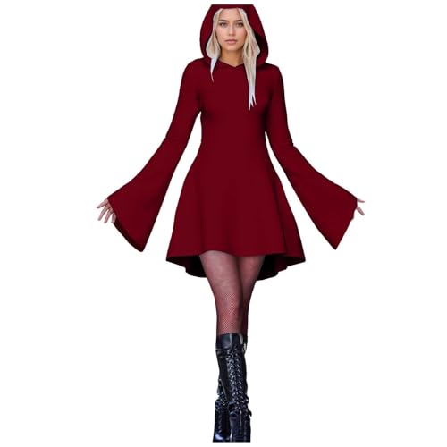 Fycakly Halloween-Kostüme Damen Halloween Print Kapuzen Cosplay Kleid Langarm Langes Kleid von Fycakly