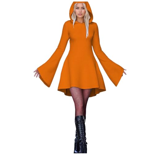 Fycakly Halloween-Kostüme Damen Halloween Print Kapuzen Cosplay Kleid Langarm Langes Kleid von Fycakly