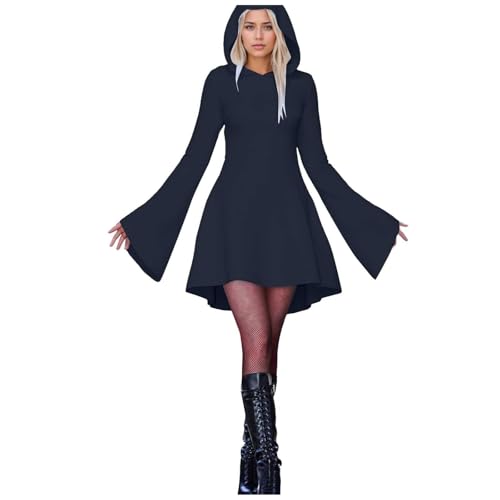 Fycakly Halloween-Kostüme Damen Halloween Print Kapuzen Cosplay Kleid Langarm Langes Kleid von Fycakly